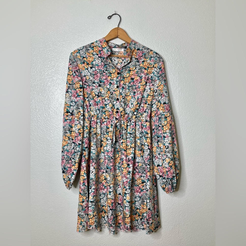 Kirundo Long Sleeve Floral A-line Mini Dress Button Front Chest Mandarin Collar